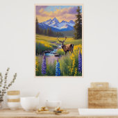 Poster Deer Rocky Mountain Meadow Peinture Fleur sauvage (Cuisine)