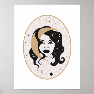 Poster Déesse Céleste Lune Visage Magie Étoiles Art Mysti
