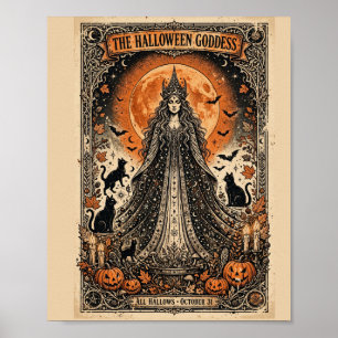 Poster Déesse d'Halloween Sorcière Gothique Vintage Chat