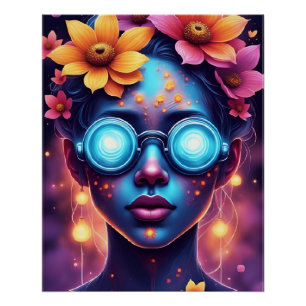 Poster Déesse Fleur Neon - Portrait Imaginaire Futuriste