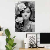 Poster Déesse florale en noir et blanc (Bureau à domicile)
