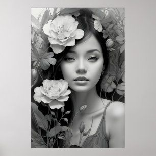 Poster Déesse florale en noir et blanc