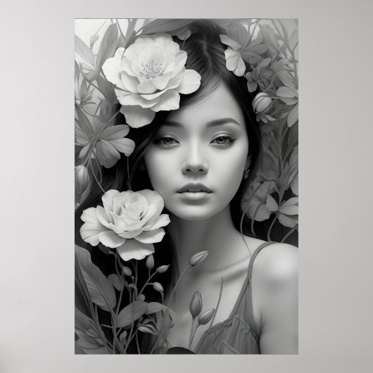 Poster Déesse florale en noir et blanc (Devant)
