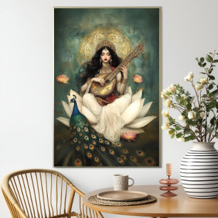 Poster Déesse hindoue Saraswati : Veena de paon Lotus