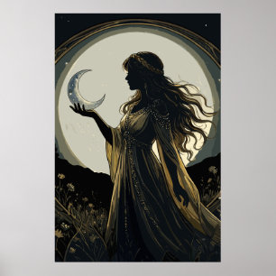 Poster Déesse Lunaire Mystique, Silhouette de Femme Céles