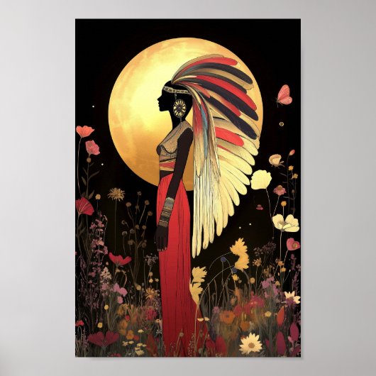 Poster Déesse Ma'at : Or égyptien, Lune florale noire (Devant)