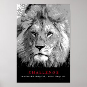 Poster Défi de motivation du lion noir et blanc