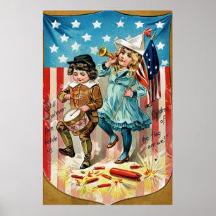 Poster Défilé d'enfants Drapeau Américain Vintage 4 juill