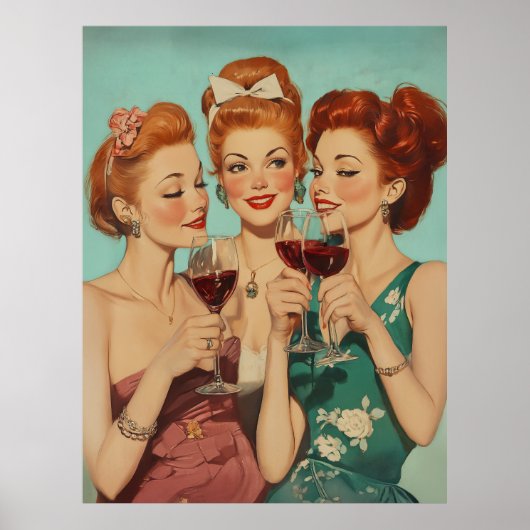 Poster Dégustation vintage pour dames avec vin (Devant)