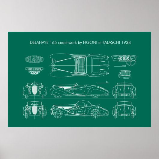 Poster Delahaye 165 Figoni et Falaschi Blueprint (Devant)
