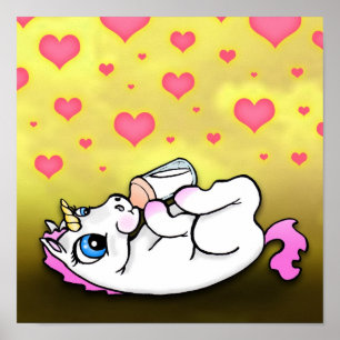 Poster Délai d'alimentation du bébé licorne - Rose - Impr