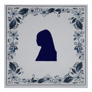 Poster Delft en tuile bleue fille avec une oreille perle