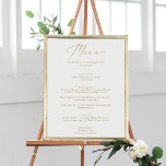 Poster Délicat Gold Calligraphy Menu Mariage Dîner<br><div class="desc">Cette délicate affiche du menu mariage de calligraphie dorée est parfaite pour un mariage moderne. Le design minimaliste romantique présente une belle et élégante typographie de champagne jaune doré sur un arrière - plan blanc au look épuré et simple. Ce menu peut être utilisé pour une réception de mariage, un...</div>