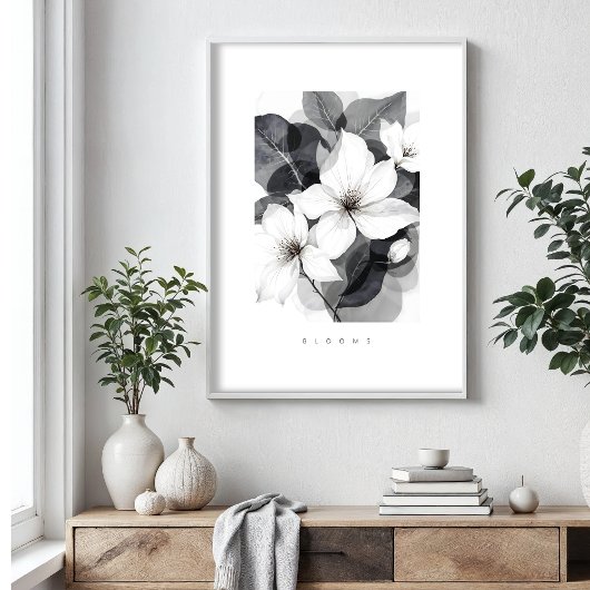 Poster Delicate Black White Overlapping Leaves & Flowers
