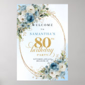 Poster Delicate boho blue florals gold frame 80 birthday (Devant)