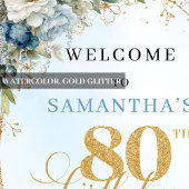 Poster Delicate boho blue florals gold frame 80 birthday