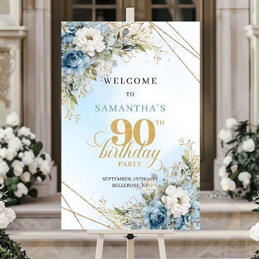 Poster Delicate boho blue florals gold frame 90 birthday