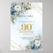 Poster Delicate boho blue florals gold frame 90 birthday (Devant)