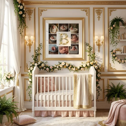 Poster Delicate Floral Initial B 8-Photos Collage Newborn