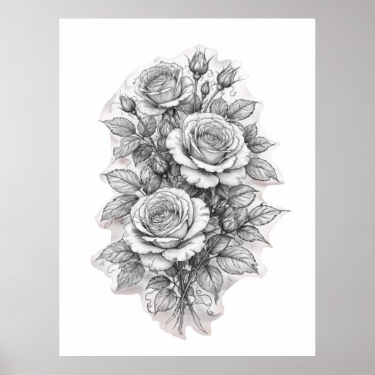 Poster Delicate Romantic Rose Bouquet Sketch  (Devant)