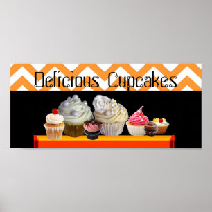 POSTER DÉLICIEUX CUPCAKE DESERT SHOP ORANGE WHITE CHEVRON