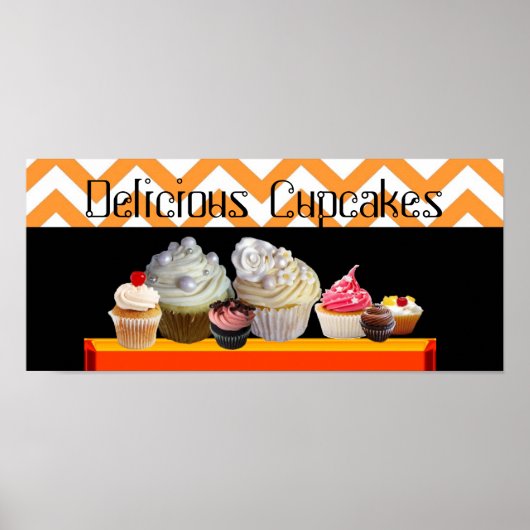 POSTER DÉLICIEUX CUPCAKE DESERT SHOP ORANGE WHITE CHEVRON (Devant)