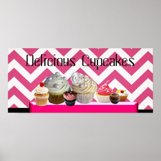 POSTER DÉLICIEUX CUPCAKES DESERT SHOP/ CHEVRON BLANC ROSE (Devant)