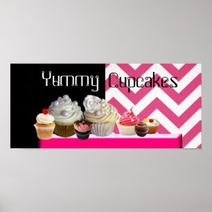 POSTER DÉLICIEUX CUPCAKES DESERT SHOP/ CHEVRON BLANC ROSE