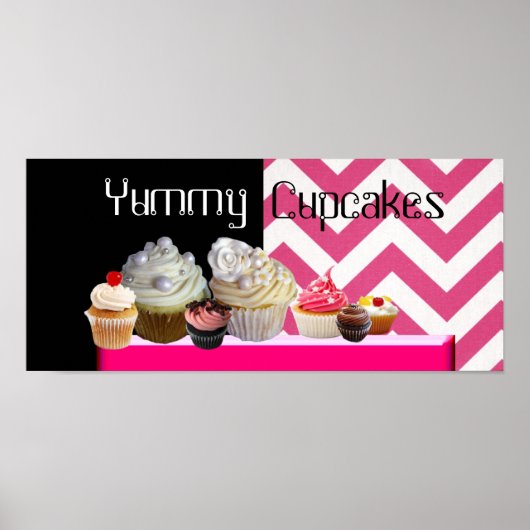 POSTER DÉLICIEUX CUPCAKES DESERT SHOP/ CHEVRON BLANC ROSE (Devant)