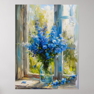 Poster Delphiniums Bleus Dans Le Vase Par La Fenêtre A. I