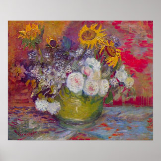 Poster Demeure de vie avec roses et tournesols par van Go