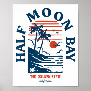 Poster Demi Lune Y California Rétro Surfeur Vintage Plage