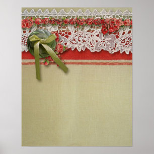 Poster Dentelle de rose ancienne Rouge rustique victorien