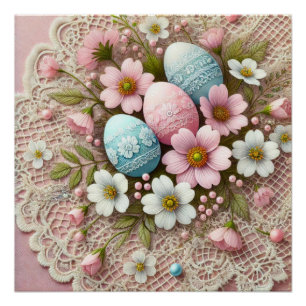 Poster Dentelle florale rose pastel OEufs de Pâques et fl