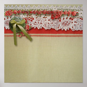 Poster Dentelle Rose Antique Rouge Rustique Burlap Victor