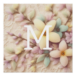 Poster Dentelles monogrammes rose et jaune Fleurs de prin