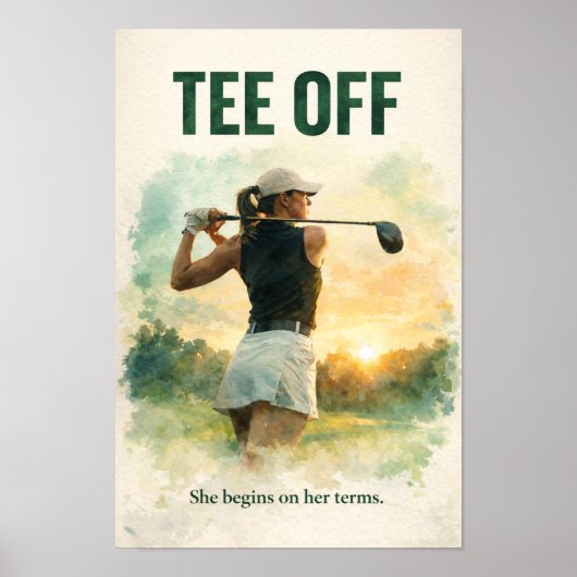 Poster Départ de golf avec golfeuse (Devant)