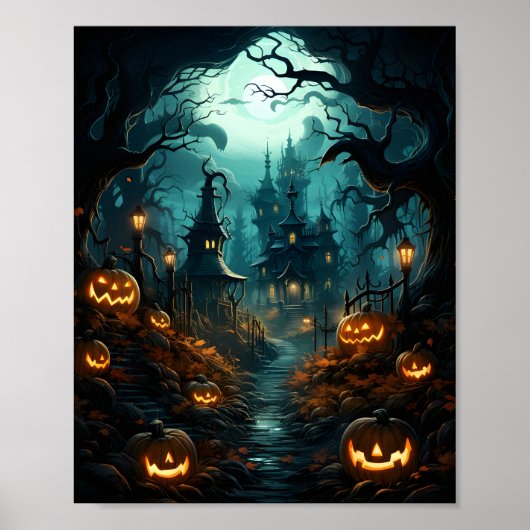 Poster Déplaisant Haloween Citrouilles dans la forêt effr (Devant)