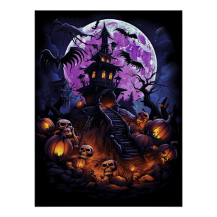 Poster Déplaisant Haunted House Purple Halloween Party
