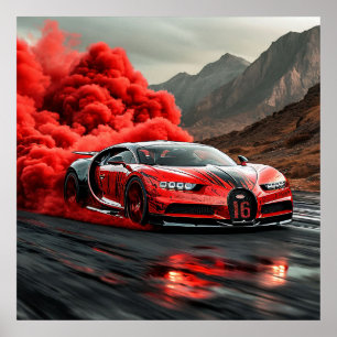 Poster Dérive de vitesse de fumée de supercar rouge mouve