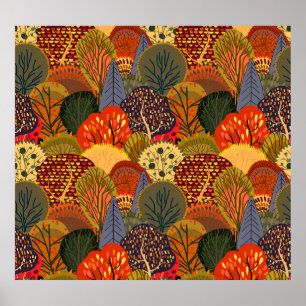 Poster Des arbres d'automne stylisés, des motifs de forêt