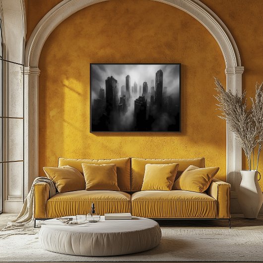 Poster Des gratte-ciels majestueux pris dans un brouillar