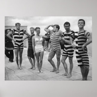 Poster Des hommes vintages en maillot de bain avec une fe
