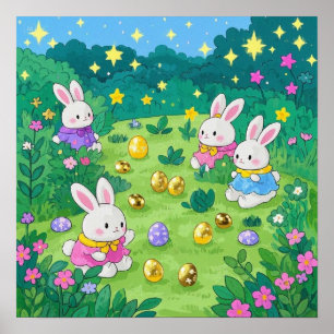 Poster Des lapins de caricature cachant des oeufs dans un