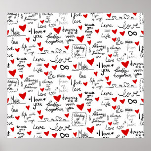 Poster Des phrases d'amour, des coeurs de gribouillis, de