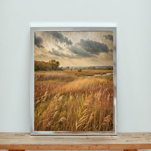 Poster Des roseaux d'or sous un ciel orageux