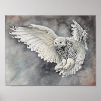 Descente de la Chouette Blanche Aquarelle Art Faun