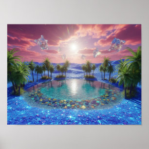 Poster Désert bleu néon et cristaux flottants