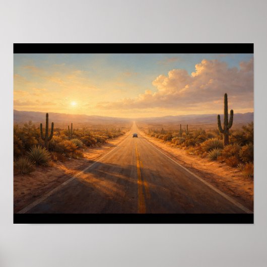 Poster Desert road with a single car far away (Devant)