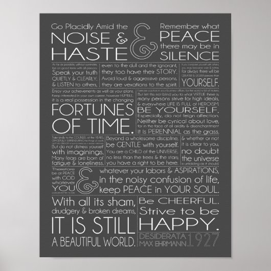 Poster Desiderata 11x14 Texte blanc sur gris (Devant)